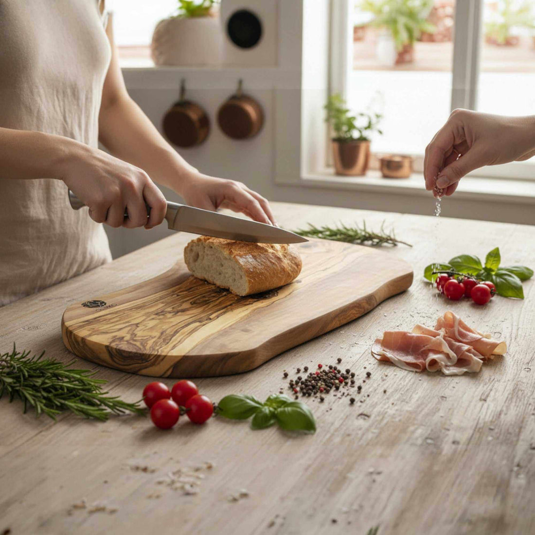 Olive wood kitchen utensils and cutting boards showcasing natural grain and care tips