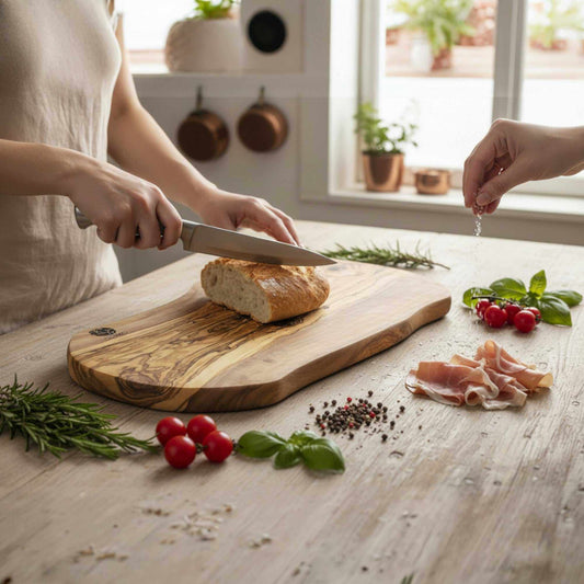 Olive wood kitchen utensils and cutting boards showcasing natural grain and care tips