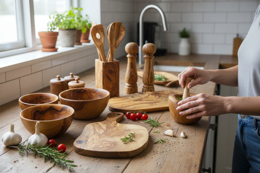 Olive wood kitchenware showcasing natural grain and craftsmanship in a modern kitchen setting