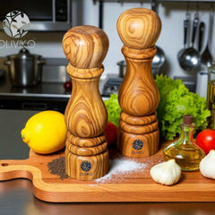 Handcrafted olive wood salt and pepper mills by OLIVIKO – natural grain wooden grinders and shakers.
