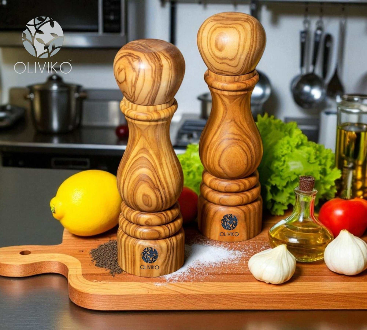 Handcrafted olive wood salt and pepper mills by OLIVIKO – natural grain wooden grinders and shakers.