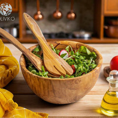 Handcrafted olive wood serving bowls by OLIVIKO – natural grain kitchenware.
