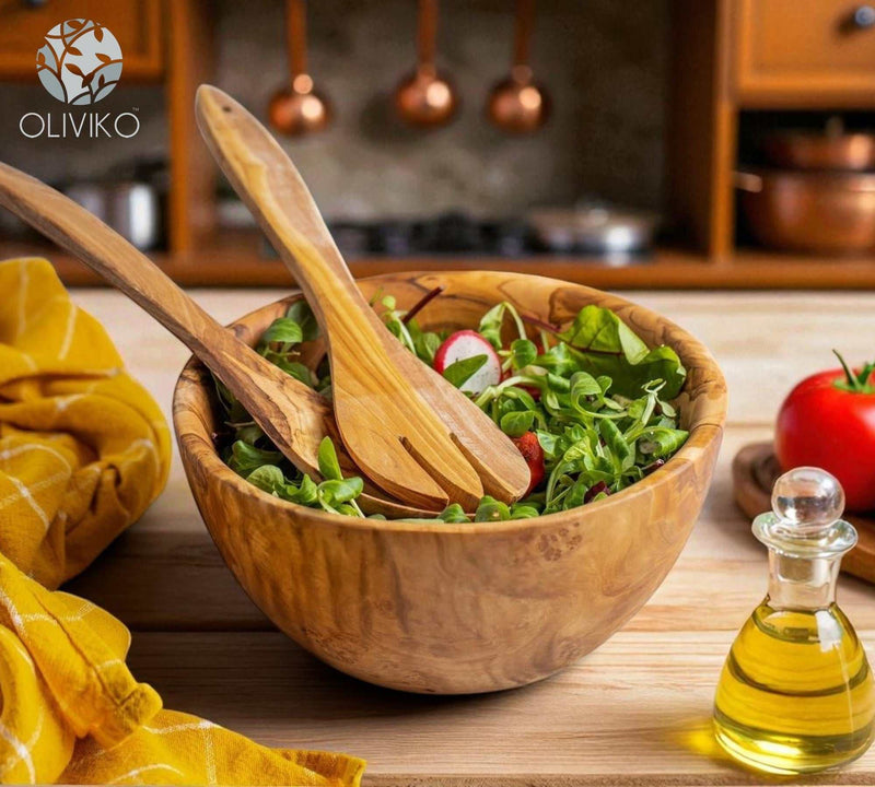 Handcrafted olive wood serving bowls by OLIVIKO – natural grain kitchenware.
