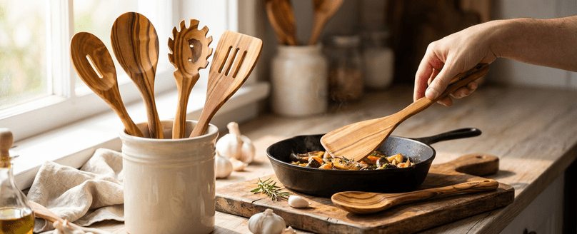 Handcrafted olive wood cooking utensils by OLIVIKO – spoons, spatulas and servers.