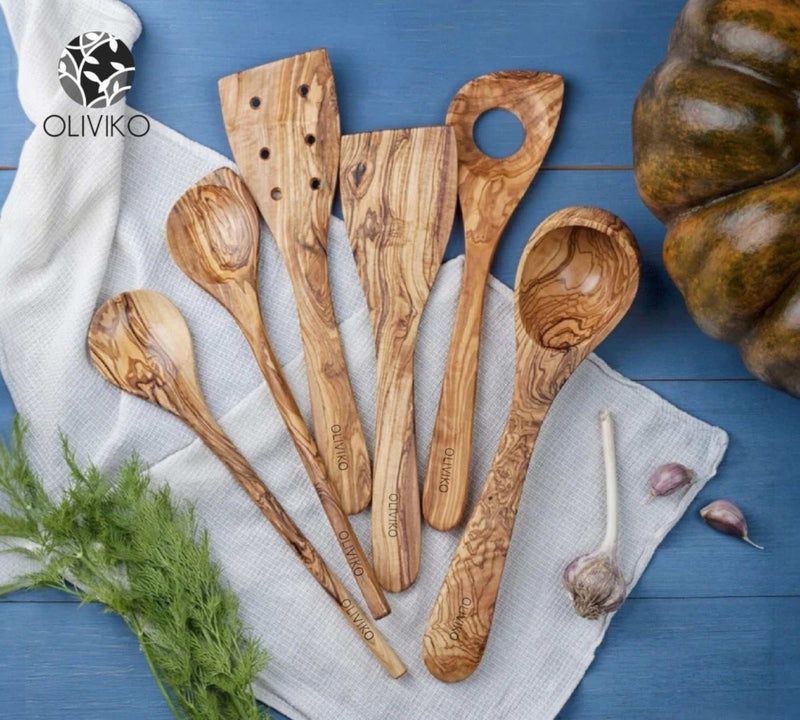 Handcrafted olive wood cooking utensils by OLIVIKO – spoons, spatulas and servers.