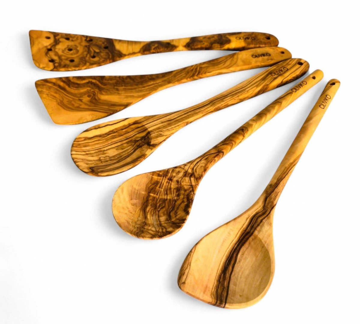 handmade olive wood utensils set with two spatulas and three spoons organic kitchen tools