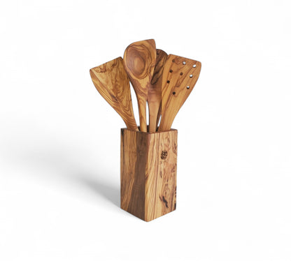 Handcrafted Olive Wood Utensil Set with Holder - 2 Spatulas & 3 Spoons