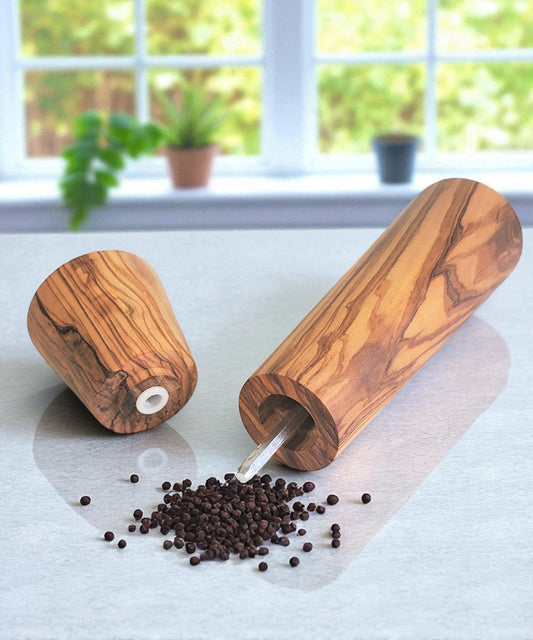 Moulin en bois d'olivier avec mécanisme en céramique, broyeur (sel, poivre, café, herbes séchées et nombreuses épices) 9 pouces de hauteur
