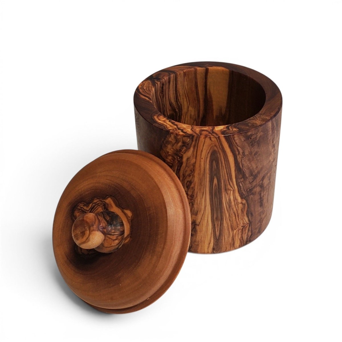 Handcrafted olive wood round container with lid for stylish storage