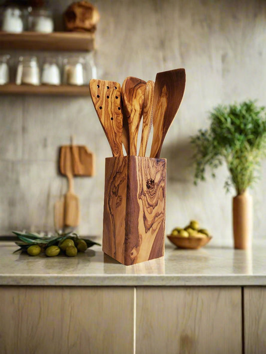Handcrafted Olive Wood Utensil Set with Holder - 2 Spatulas & 3 Spoons