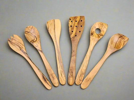 Handmade Olive Wood Utensils Kit of 6 Utensils 2 Spatula + 4 Spoon 100% Olive Wood