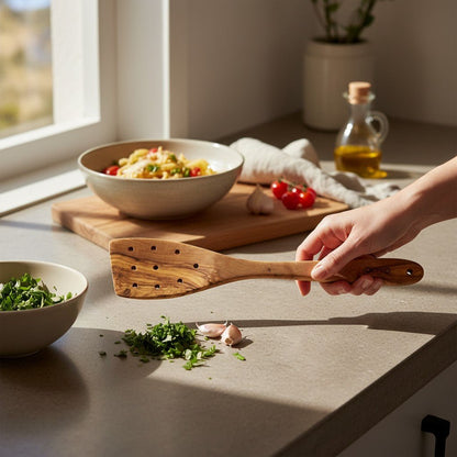High-quality Oliviko olive wood spatula, 12 inch, with perforated design for efficient cooking