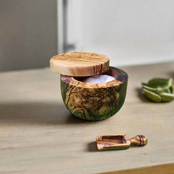 OLIVIKO Handmade Olive Wood Salt keeper box, Salt cellar with magnetic lock
