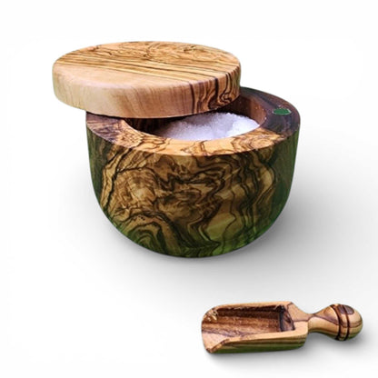 OLIVIKO Olive Wood Salt Cellar handcrafted Mediterranean olive wood salt keeper box with magnetic lock and scoop
