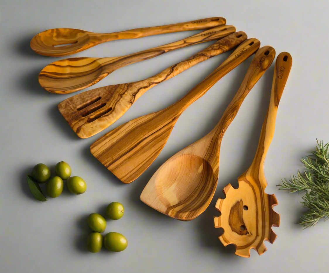 OLIVIKO Olive Wood Pasta & Cooking Set – 7 Piece with Salad Tongs