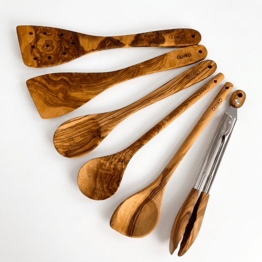 OLIVIKO Olive Wood Cooking Set – 6 Piece with Salad Tongs