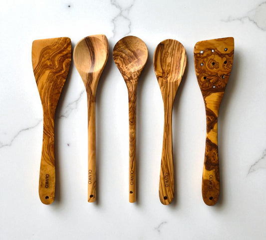 Ensemble d'ustensiles en bois d'olivier OLIVIKO - 2 spatules et 3 cuillères