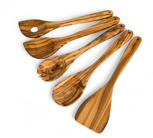 Kit d'ustensiles en bois d'olivier faits à la main de 5 ustensiles 1 spatule + 4 cuillères 100% bois d'olivier