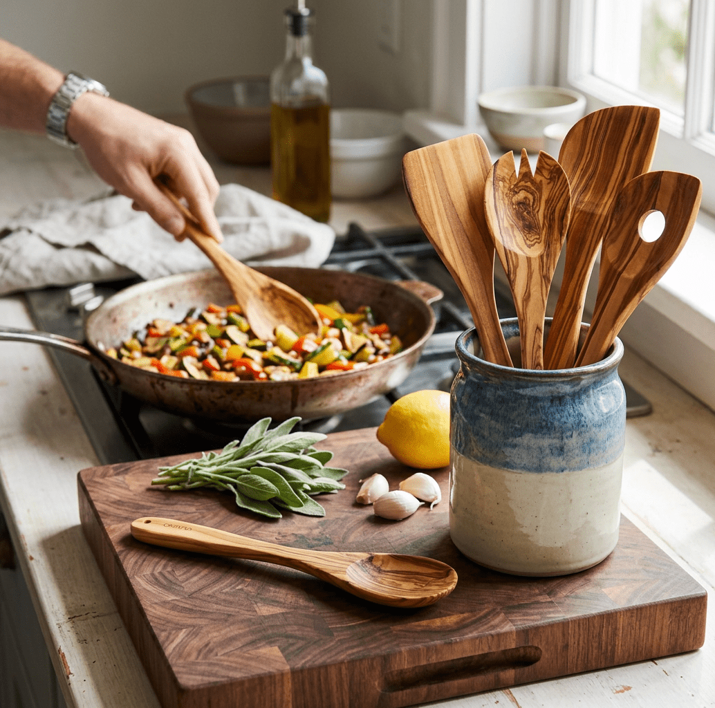 Olive wood utensils in a ceramic crock beside a hand stirring vegetables, with lemon, garlic, and sage nearby
