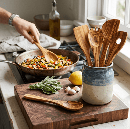 Olive wood utensils in a ceramic crock beside a hand stirring vegetables, with lemon, garlic, and sage nearby