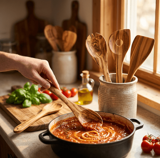 A hand uses a wooden spoon to stir a pot of tomato sauce in a kitchen setting, with other wooden utensils in a ceramic holder and fresh basil and tomatoes on the counter.