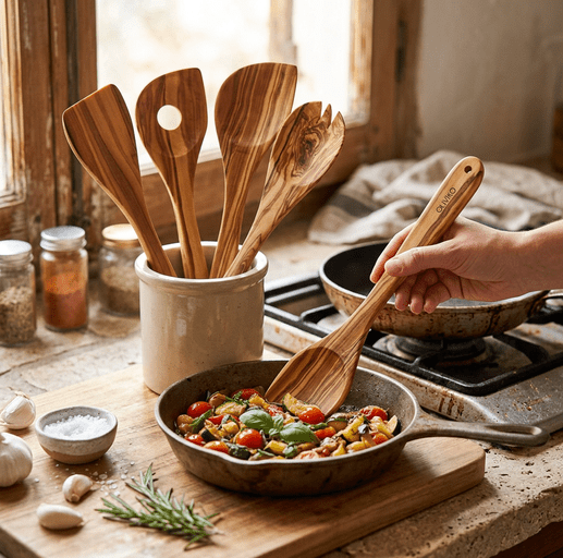 A rustic kitchen scene with a hand holding a wooden spoon in a skillet of colorful vegetables. A ceramic container holds several wooden utensils, including a spatula, spoon, and server, set on a stone countertop near a stove and window.