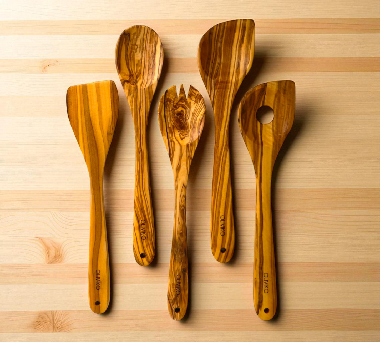 Handmade Olive Wood Utensils Kit of 5 Utensils 1 Spatula + 4 Spoon 100% Olive Wood