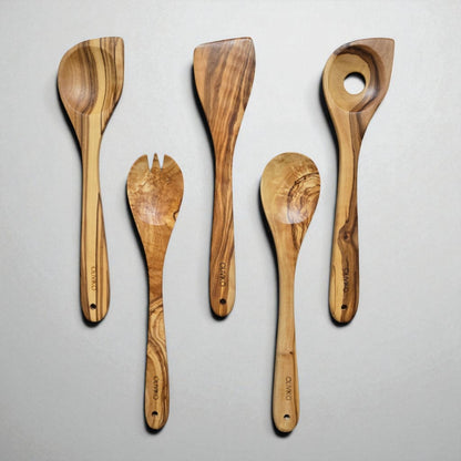 Handcrafted Olive Wood Utensil Set with Holder – 1 Spatulas, Fork & 3 Spoons