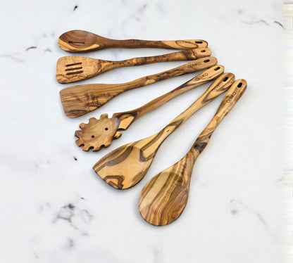 Handmade Olive Wood Utensils Kit of 6 Utensils 2 Spatula + 4 Spoon 100% Olive Wood