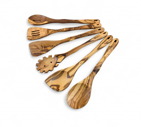 Kit d'ustensiles en bois d'olivier fait main de 6 ustensiles 2 spatules + 4 cuillères 100% bois d'olivier 