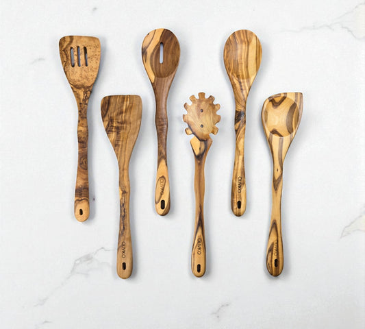 Kit d'ustensiles en bois d'olivier fait main de 6 ustensiles 2 spatules + 4 cuillères 100% bois d'olivier 