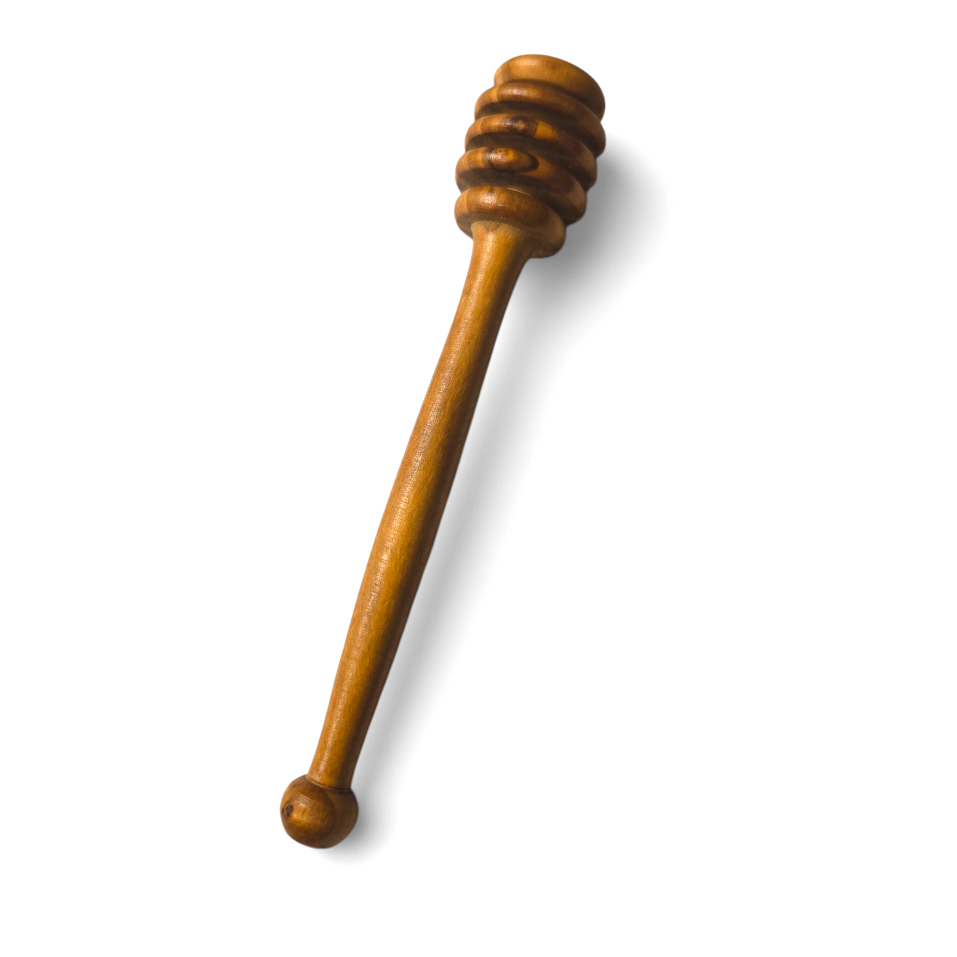 Handcrafted olive wood honey dipper with natural grain for smooth, controlled honey drizzling