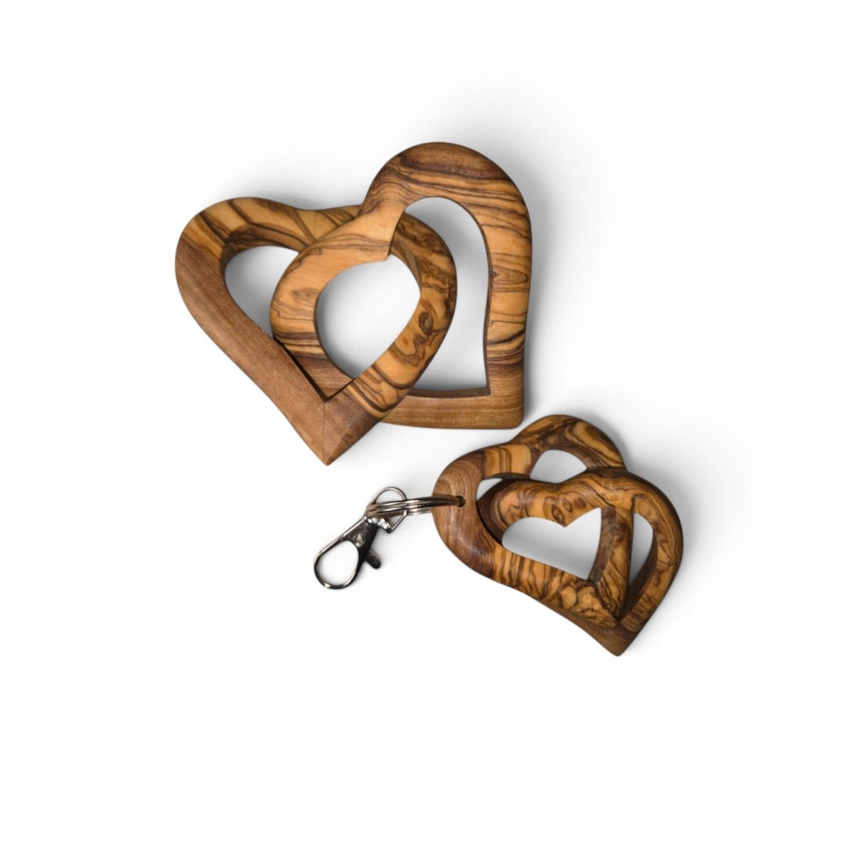 OLIVIKO interlocked olive wood hearts set of 2 – 3 inch and 2.25 inch, handcrafted decorative sculpture