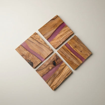 OLIVIKO olive wood resin coaster set of 4 displayed with matching holder – handcrafted Mediterranean wood and resin