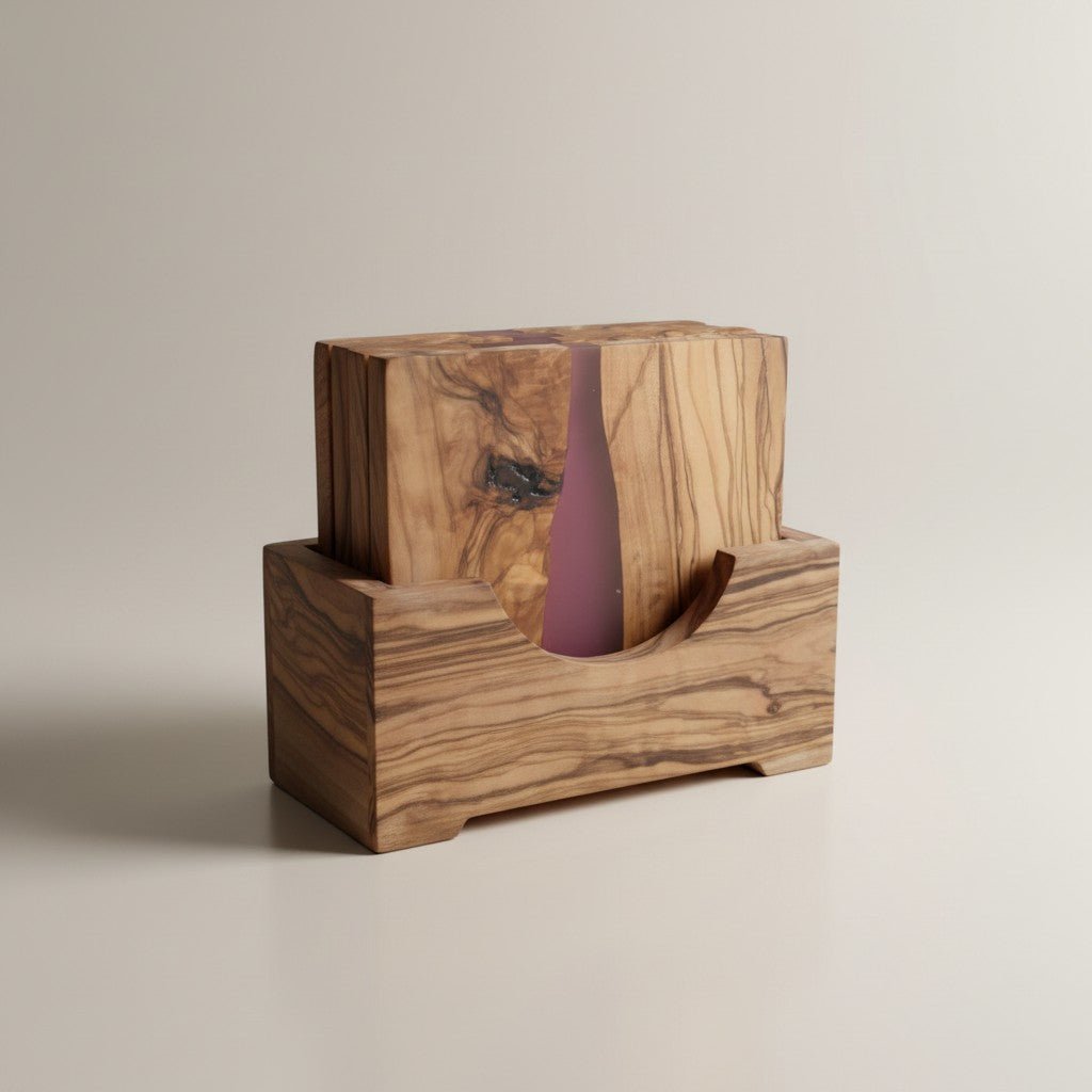OLIVIKO olive wood resin coasters 3.75 in – set of 4 in matching holder, unique grain and resin patterns