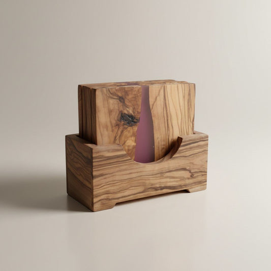 OLIVIKO olive wood resin coasters 3.75 in – set of 4 in matching holder, unique grain and resin patterns