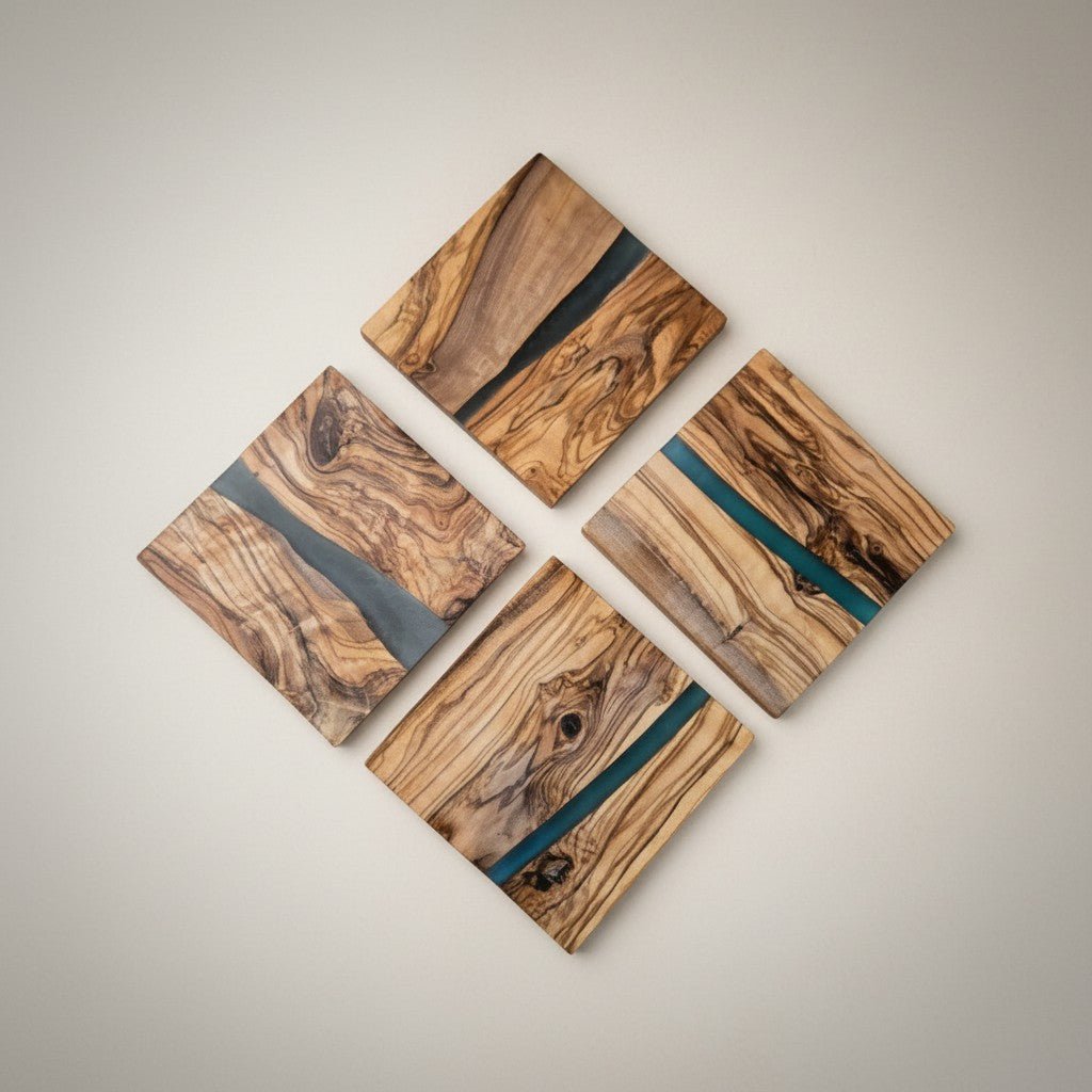 OLIVIKO square olive wood and resin coasters 3.75 in – unique handcrafted piece, no two sets identical
