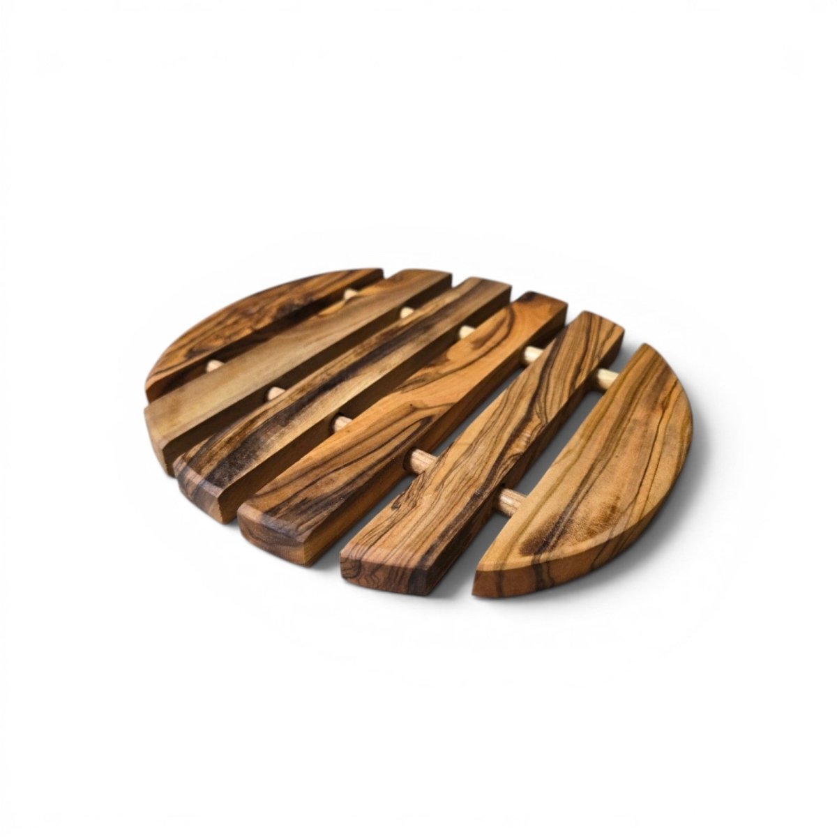 OLIVIKO handcrafted round olive wood trivet 7.5 inch – slatted design for heat protection on countertops