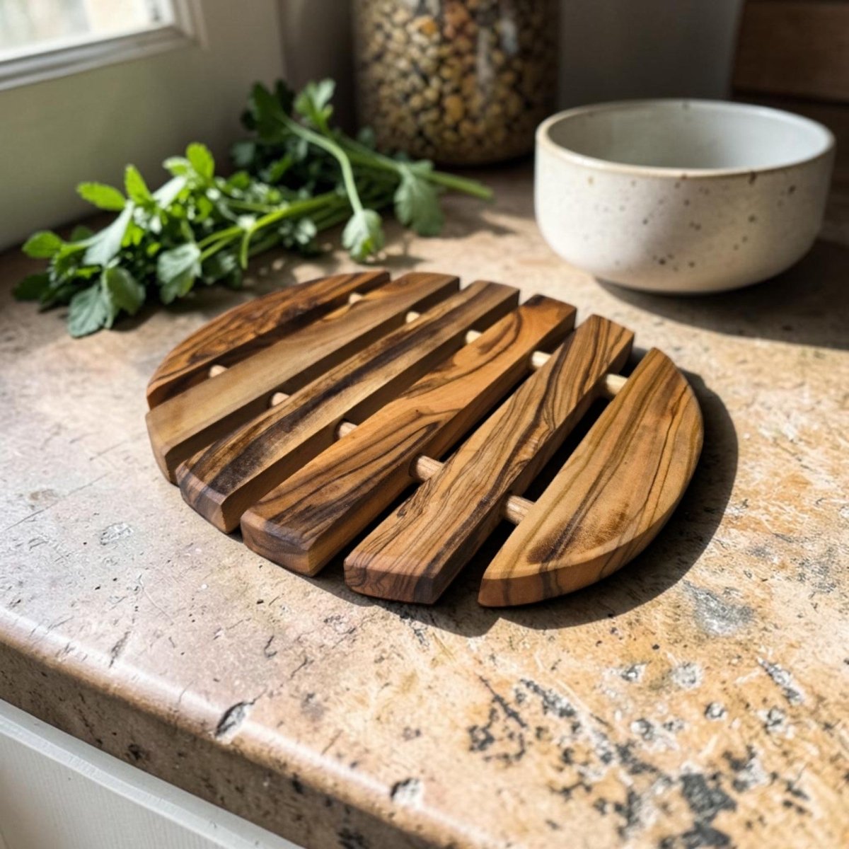 OLIVIKO round olive wood trivet 7.5 inch – top view showing slatted strips and natural wood grain