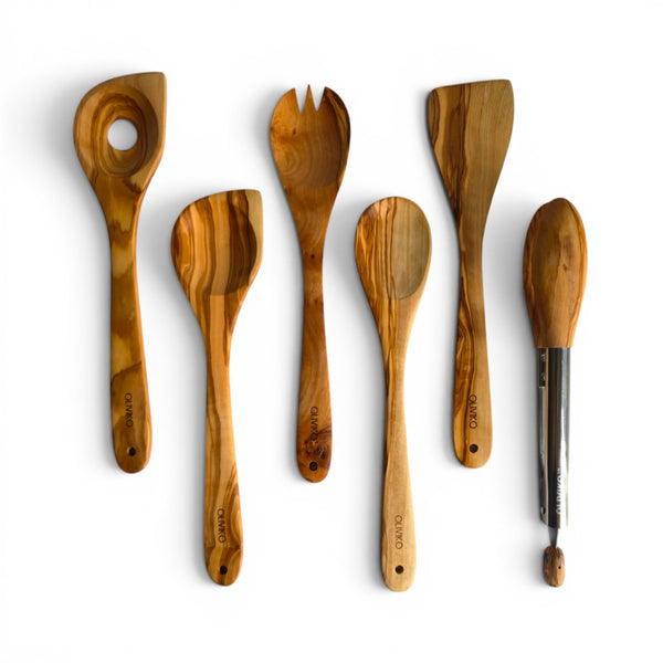OLIVIKO Olive Wood Kitchen Set – 6 Piece with Salad Tongs