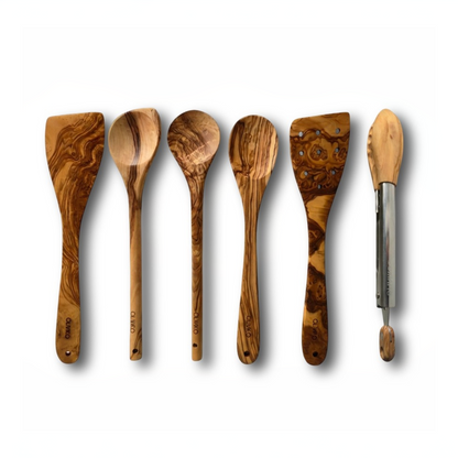 OLIVIKO Olive Wood Cooking Set – 6 Piece with Salad Tongs, studio flat lay of all pieces