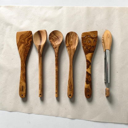 OLIVIKO Olive Wood Cooking Set – 6 Piece with Salad Tongs, spatulas, spoons, fork and salad tongs
