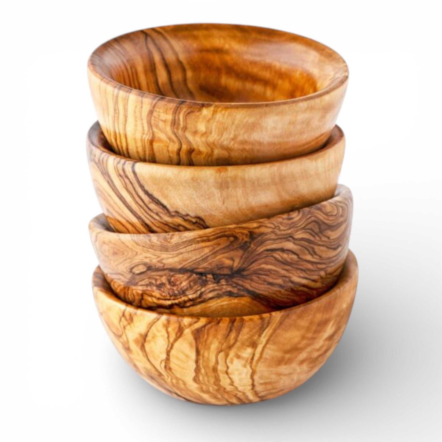 Handmade olive wood snack bowls set of four in varying sizes with natural grain patterns