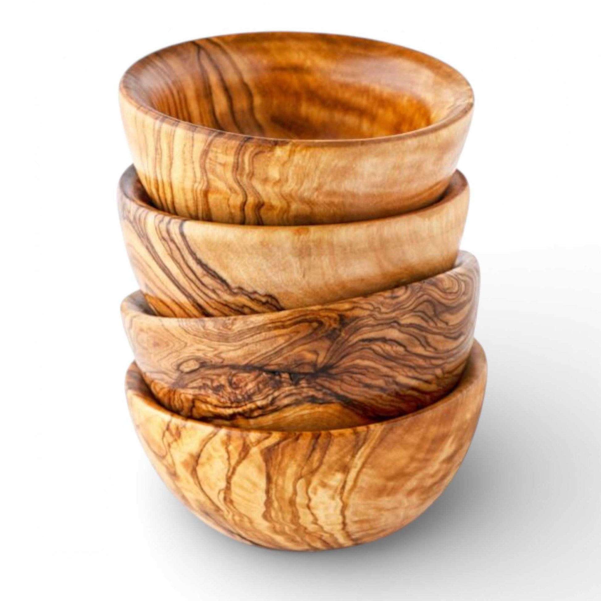 Handmade olive wood snack bowls set of four in varying sizes with natural grain patterns