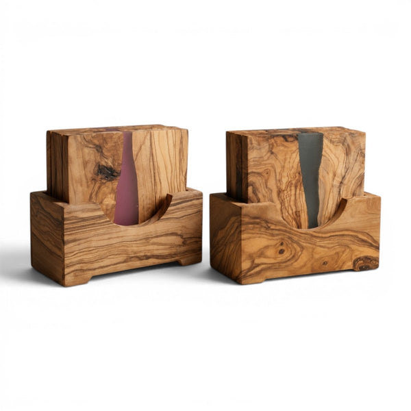 OLIVIKO olive wood and resin square coaster set of 4 with holder – natural wood grain and colorful epoxy resin inlays
