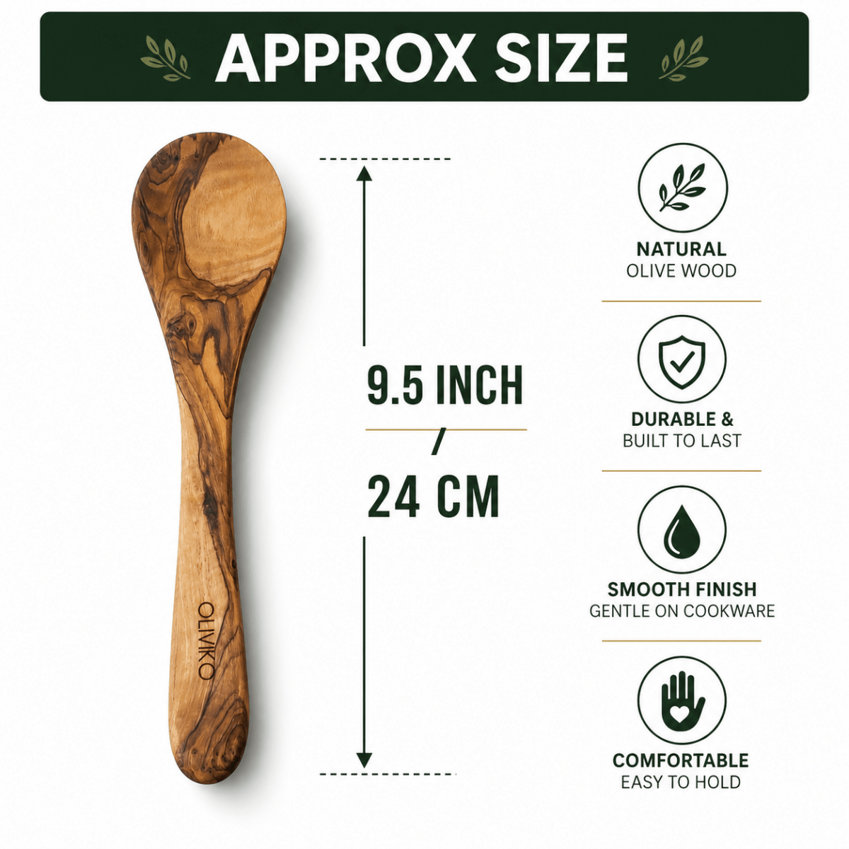 Approx size chart – OLIVIKO olive wood salad servers 9.5 inch / 24 cm dimensions