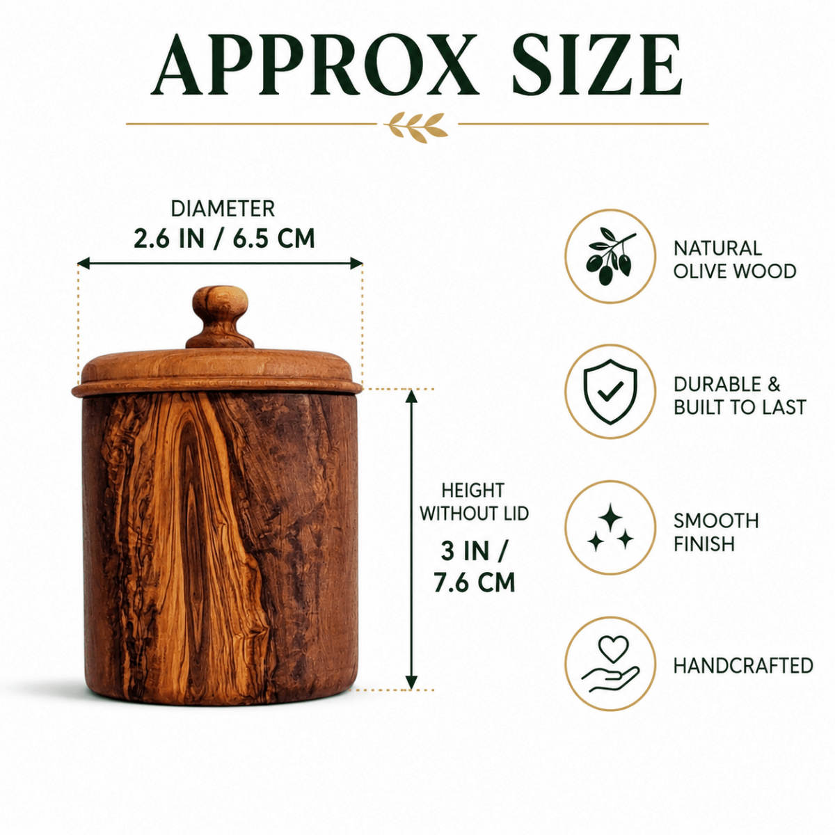Handcrafted olive wood container with lid, perfect for storing small items.