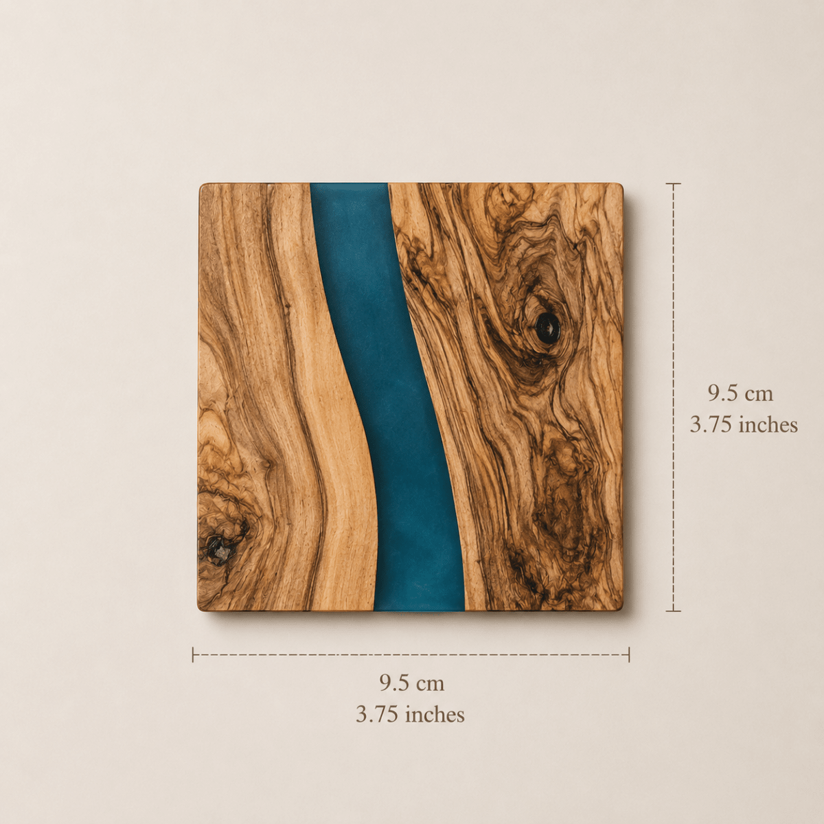 OLIVIKO olive wood and resin square coaster set – all 4 coasters and holder arranged together for gifting