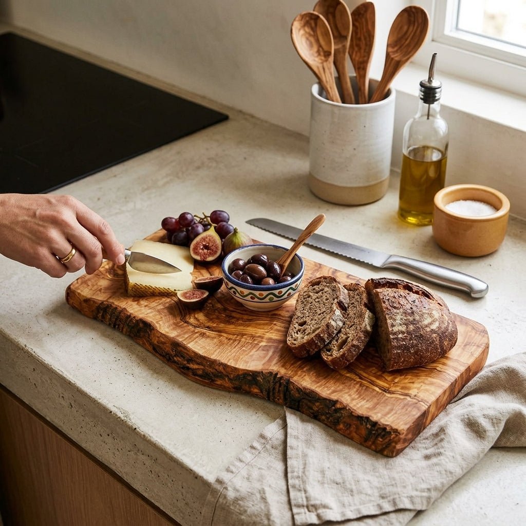 OLIVIKO rectangular olive wood cutting board, lifestyle shot
