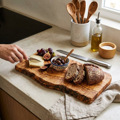 OLIVIKO rectangular olive wood cutting board, lifestyle shot